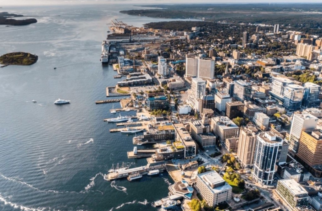 Aerial view of Halifax harbour with cruise ship docked at the waterfront