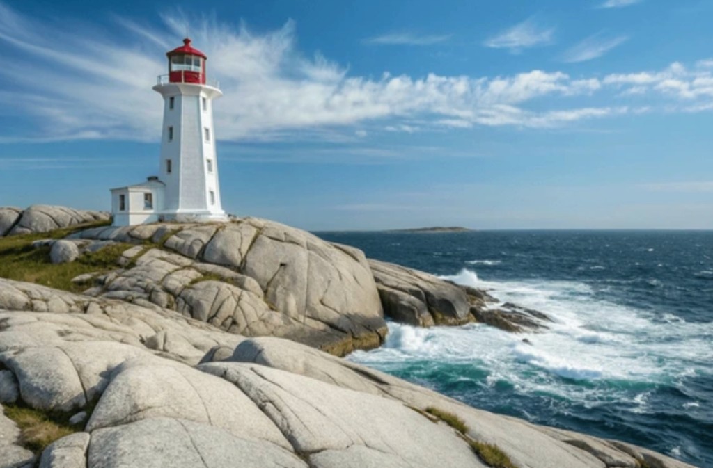 Peggy's Point Lighthouse on granite rocks at Peggy's Cove, Nova Scotia